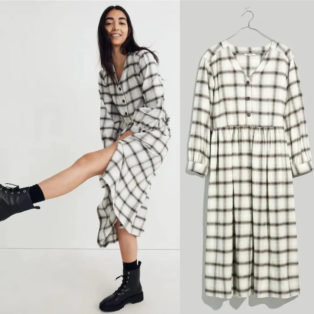 Madewell Flannel Button-Front Cotton Midi Dress Celestial Blue 14 - Picture 2 of 11